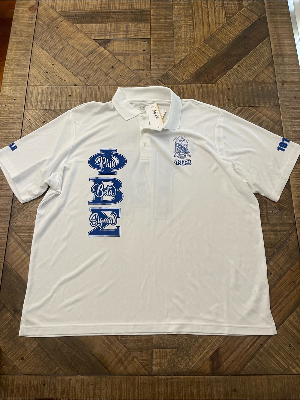 NWT Phi Beta Sigma Custom Chapter Polo Shirt - White/Royal Blue
